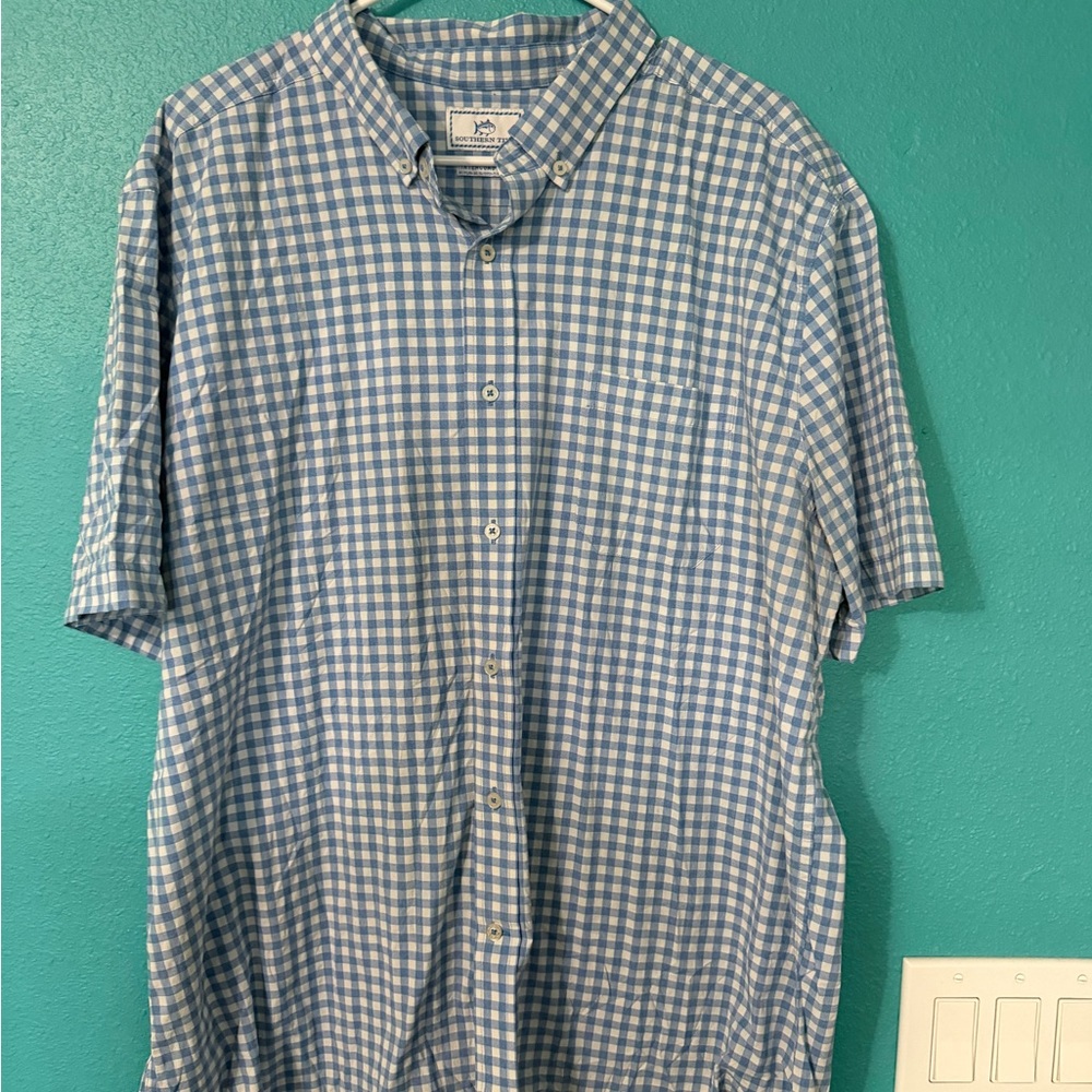 Southern Tide Blue & White Gingham Short Sleeve Button-Down Shirt